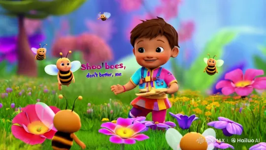 Child and Friendly Bees in Colorful Meadow Setting – AI Generated Video | Hailuo AI