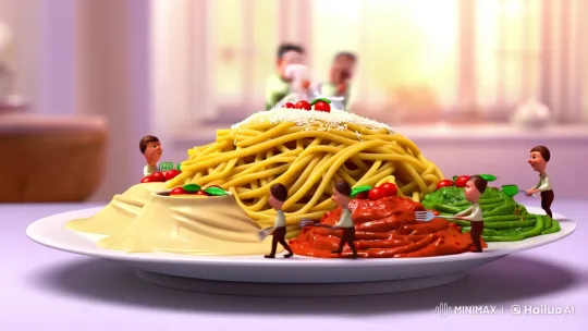 Magical Miniature Chefs Prepare Giant Pasta Plate – AI Generated Video | Hailuo AI