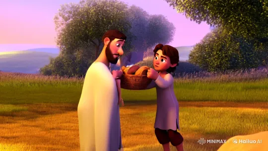 Boy Offers Loaves and Fish to Jesus Amidst Miraculous Glow – AI Generated Video | Hailuo AI