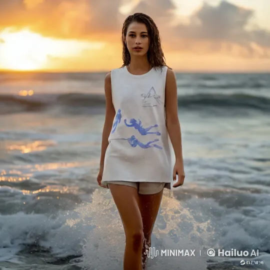 Woman Strolls Through Sunset Beach Waves – AI Generated Video | Hailuo AI