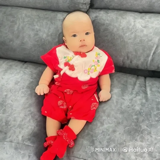 Baby Dancing in Vibrant Red Outfit on Couch – AI Generated Video | Hailuo AI