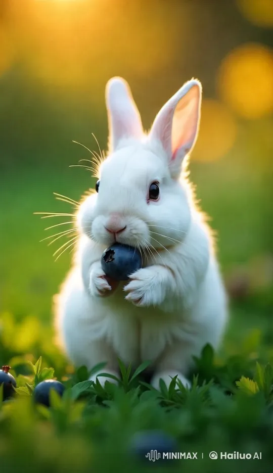 Serene Rabbit Enjoying Blueberry in Golden Light – AI Generated Video | Hailuo AI
