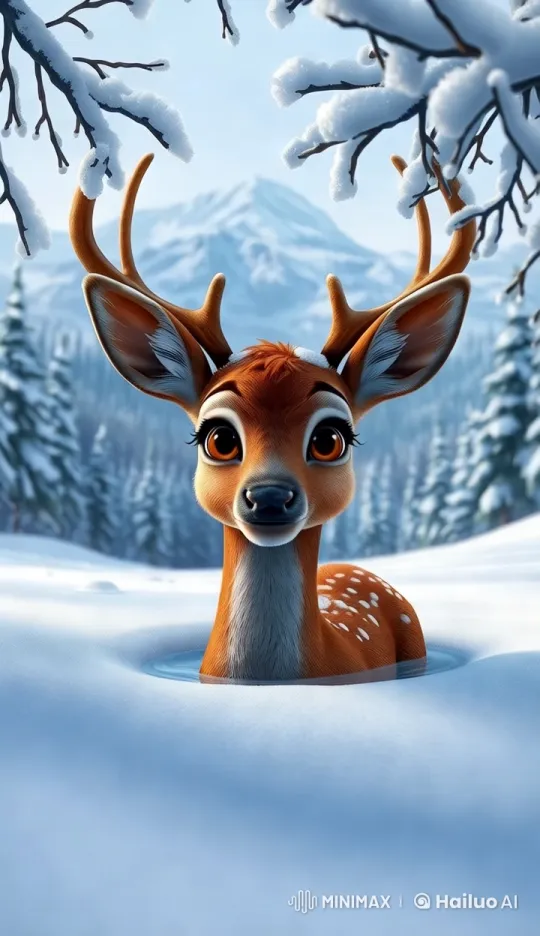 Distressed Deer Struggles in Serene Winter Landscape – AI Generated Video | Hailuo AI