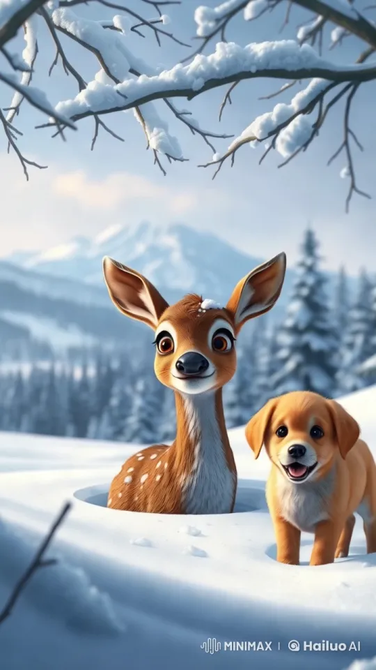 Puppy Helps Stuck Deer in Snowy Forest – AI Generated Video | Hailuo AI