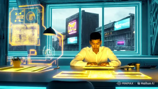 Man Transforms Workspace with Task-Driven Rewards in Dystopian Setting – AI Generated Video | Hailuo AI
