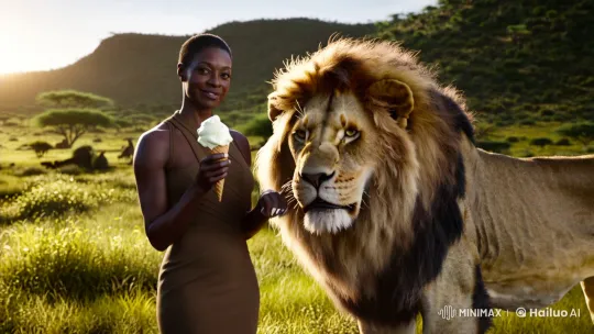 African Woman and Lion Share Serene Moment in Savannah – AI Generated Video | Hailuo AI