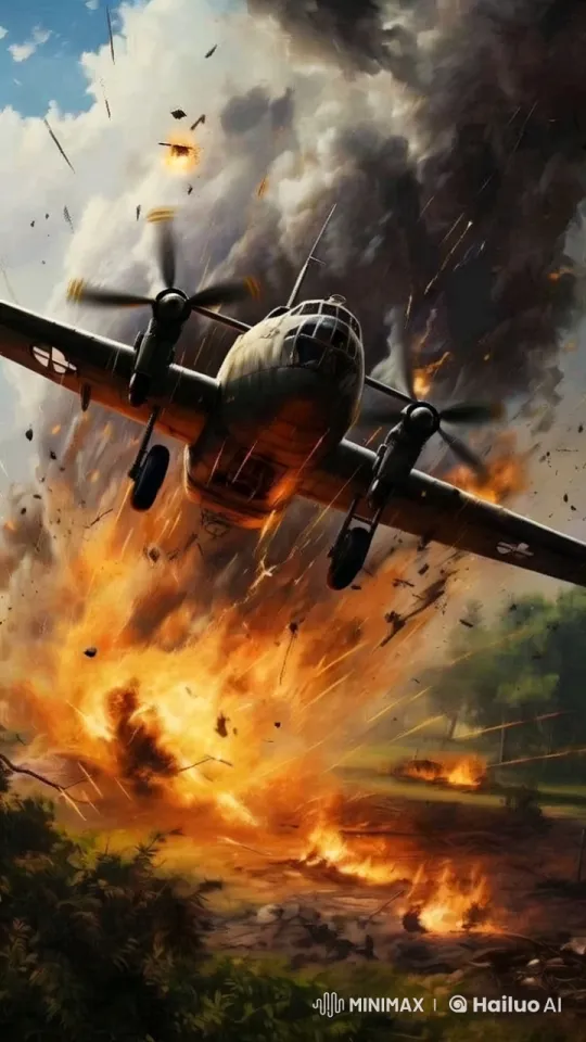 Military Aircraft Navigates Fiery Battlefield in Cinematic HD – AI Generated Video | Hailuo AI