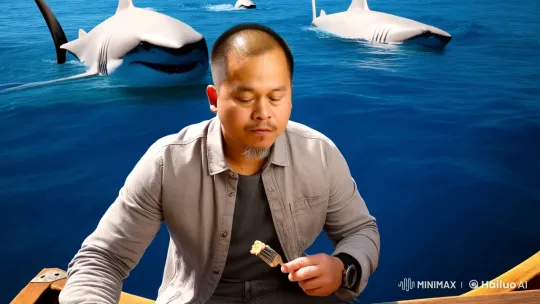 Man Serenely Lunches Amid Great White Sharks in Ocean – AI Generated Video | Hailuo AI