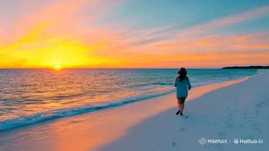 Golden Sunset: Woman Running on a Pristine Beach – AI Generated Video | Hailuo AI