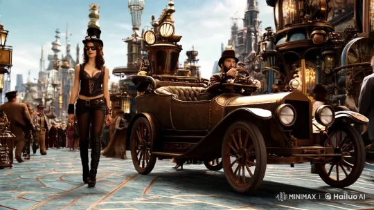 Steampunk Girl Showcases Cityscape in Elegant Adventure – AI Generated Video | Hailuo AI