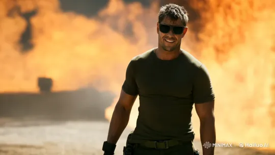 Tactical Man Strides Through Explosion in Dramatic Slow Motion – AI Generated Video | Hailuo AI