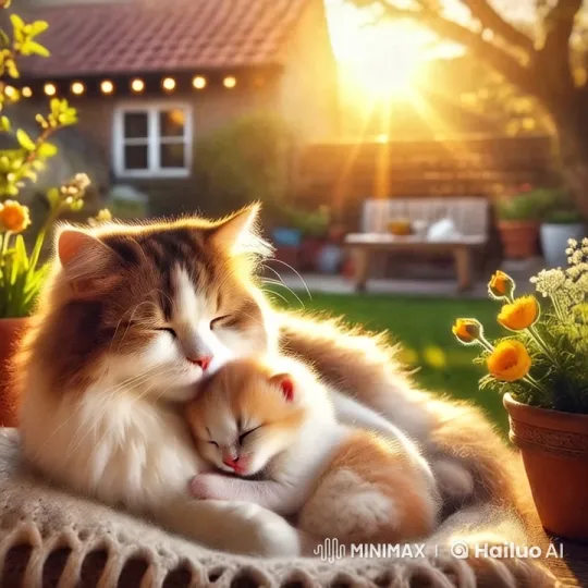 Tranquil Garden: Big Cat Tenderly Cares for Kitten – AI Generated Video | Hailuo AI