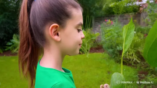 Curious Girl Examines and Tastes Leaf in Verdant Garden – AI Generated Video | Hailuo AI