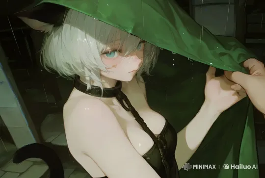 White-haired Girl with Cat Ears Sheltered in Rain – AI Generated Video | Hailuo AI