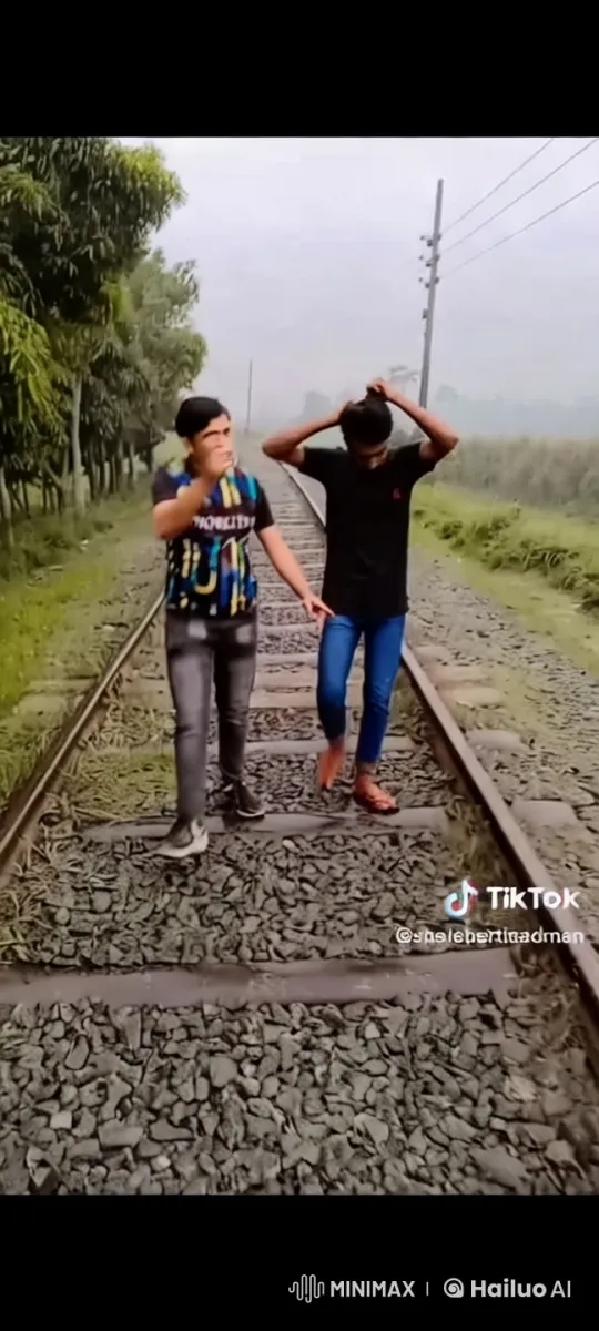 Young Men Walking on Railway Tracks Video – AI Generated Video | Hailuo AI