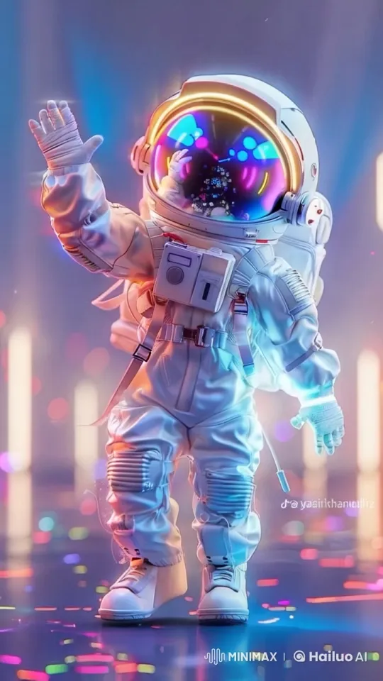 Astronaut Performs Robotic Dance in Futuristic Holographic Setting – AI Generated Video | Hailuo AI