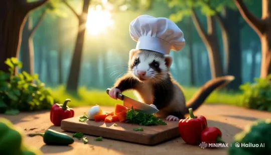 Ferret Chef Prepares Vegetables in Sunlit Forest – AI Generated Video | Hailuo AI