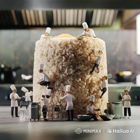 Surreal Culinary Art: Chefs Tackle Giant Rice Mound – AI Generated Video | Hailuo AI