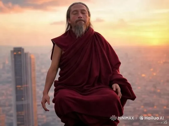 Monk Meditates Above Dynamic Cityscape – AI Generated Video | Hailuo AI
