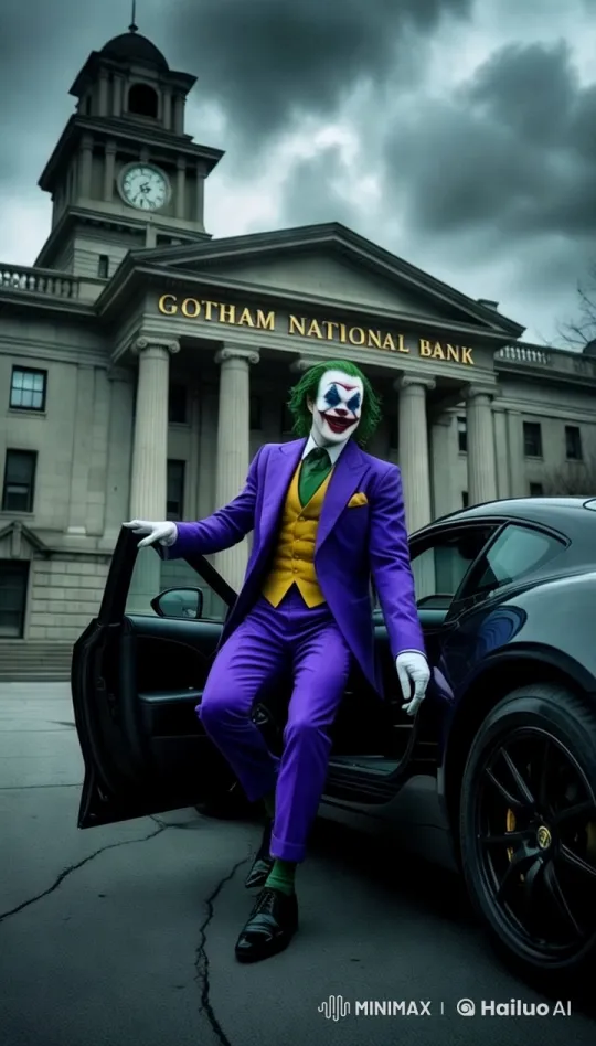 Joker Arrives at Gotham Bank with Dramatic Tension – AI Generated Video | Hailuo AI