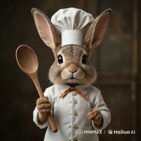 Rabbit Chef Benny Savors Pasta in Rustic Kitchen – AI Generated Video | Hailuo AI