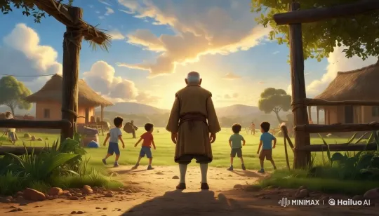 Elderly Man Reflects on Children's Play at Sunset Village – AI Generated Video | Hailuo AI
