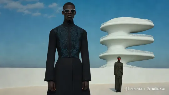 Man in Black Coat Walks Towards Modern Architecture – AI Generated Video | Hailuo AI