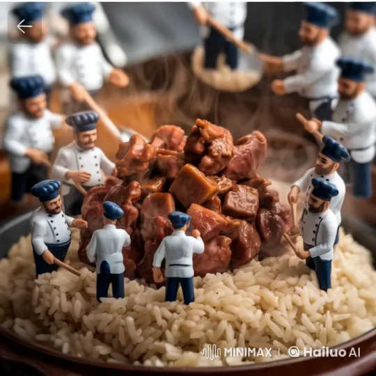 Miniature Chefs Prepare Steaming Meat on Rice – AI Generated Video | Hailuo AI