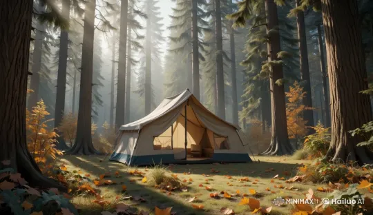 Cozy Forest Camping Tent Amidst Autumn Leaves – AI Generated Video | Hailuo AI