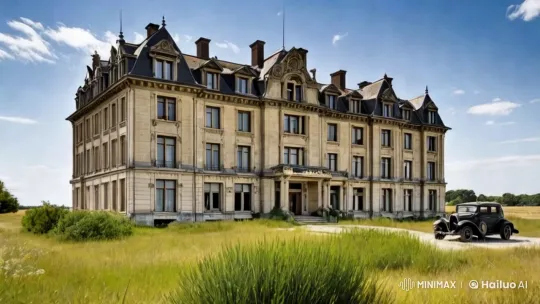 Historic Mansion in Serene Landscape with Antique Car – AI Generated Video | Hailuo AI