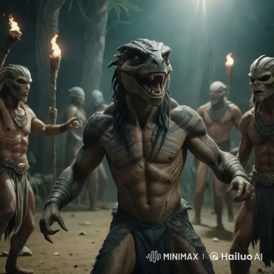Warrior Transforms into Snake Hybrid Amidst Forest Torches – AI Generated Video | Hailuo AI
