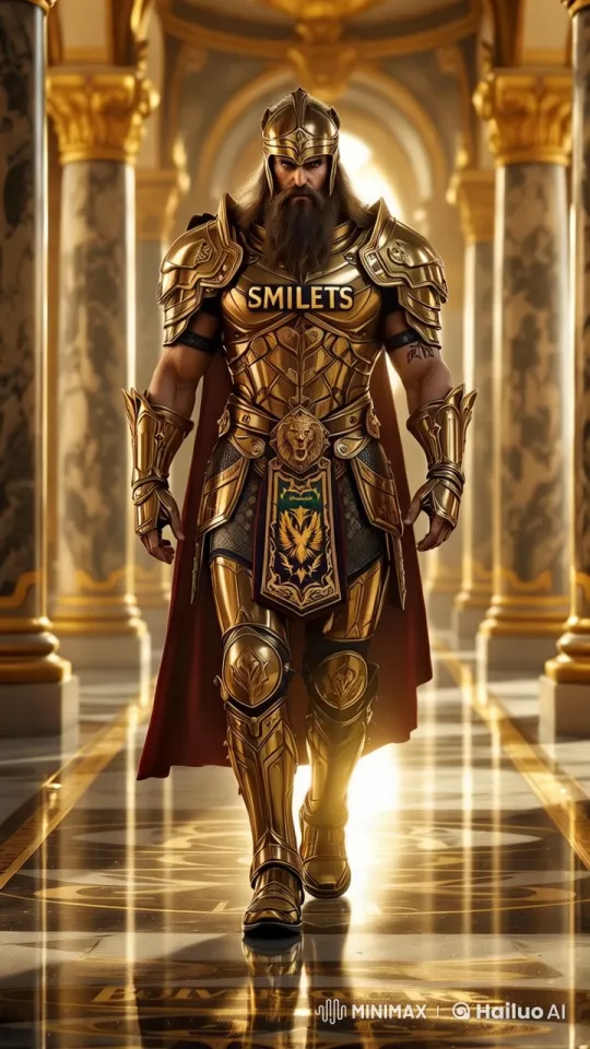 King in Golden Armor Strides Through Opulent Hall – AI Generated Video | Hailuo AI