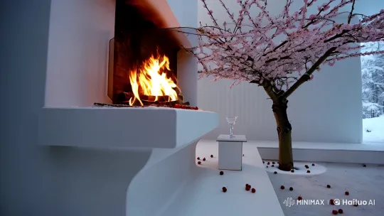 Futuristic Living Room with Cherry Tree and Fire – AI Generated Video | Hailuo AI