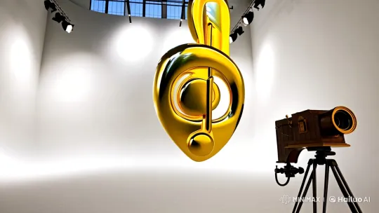 Vintage Camera Captures Golden Treble Clef in Modern Studio – AI Generated Video | Hailuo AI