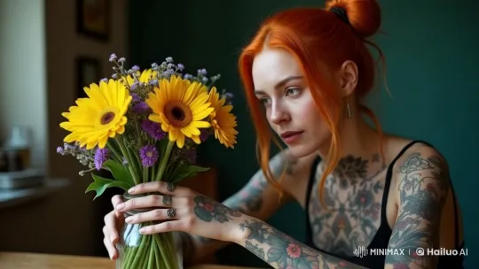 Vibrant Redhead Dances Gracefully with Sunflowers – AI Generated Video | Hailuo AI