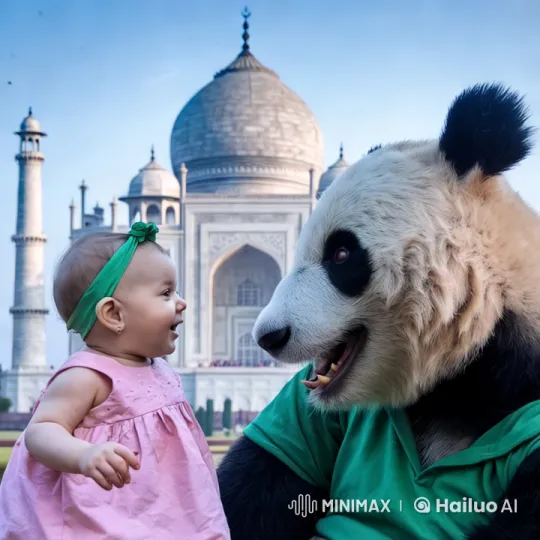 Baby and Panda Interact at the Taj Mahal – AI Generated Video | Hailuo AI