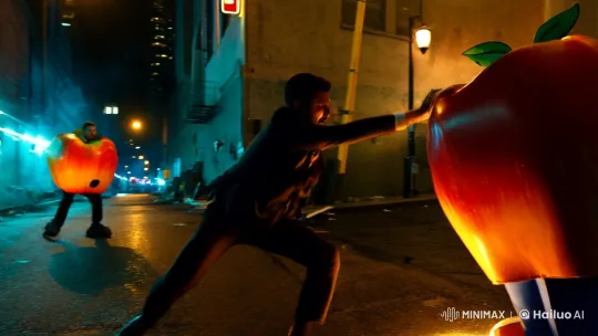 FBI Agent Fights Apple-Costumed Assailant in Urban Alley – AI Generated Video | Hailuo AI