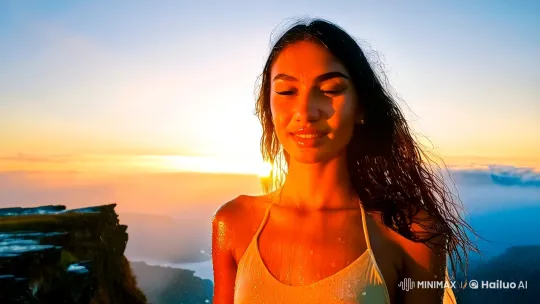 Athletic Woman on Cliff Amidst Dramatic Dawn Landscape – AI Generated Video | Hailuo AI