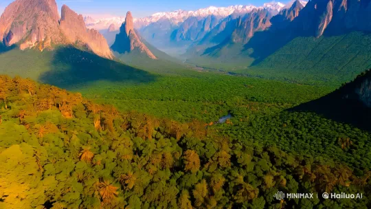 Aerial Journey Over Majestic Mountains and Verdant Forests – AI Generated Video | Hailuo AI