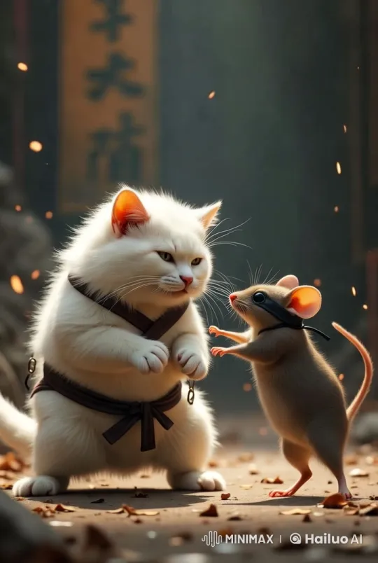 Feline-Ninja Mouse Face Off in Intense Combat – AI Generated Video | Hailuo AI