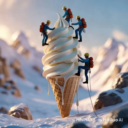Miniature Climbers Ascend Giant Ice Cream Cone in Surreal Landscape – AI Generated Video | Hailuo AI