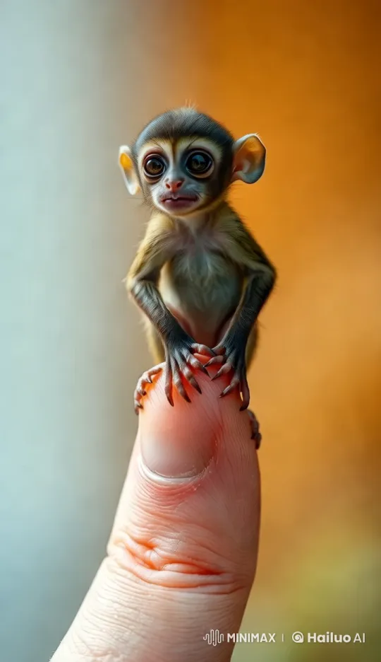 Tiny Monkey Clings Delicately to Human Finger – AI Generated Video | Hailuo AI
