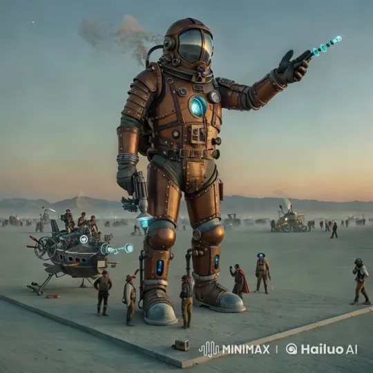 Steampunk Robot Stands in Dusky Desert Landscape – AI Generated Video | Hailuo AI