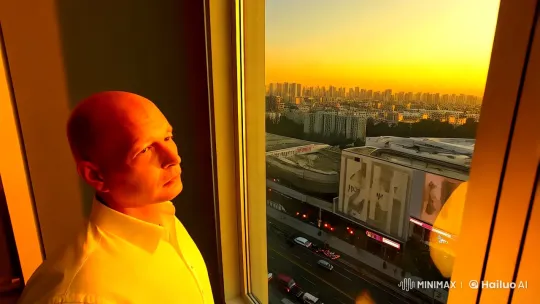 Bald Man Contemplates Sunset in Urban Panorama – AI Generated Video | Hailuo AI