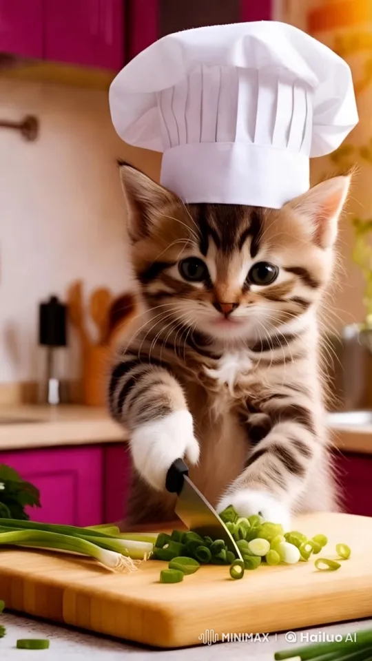 Adorable Kitten Chef Chops Green Onions in Vibrant Kitchen – AI Generated Video | Hailuo AI