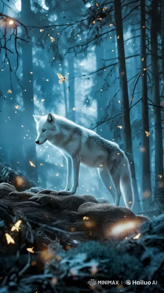 White Wolf in Bioluminescent Forest with Fireflies – AI Generated Video | Hailuo AI
