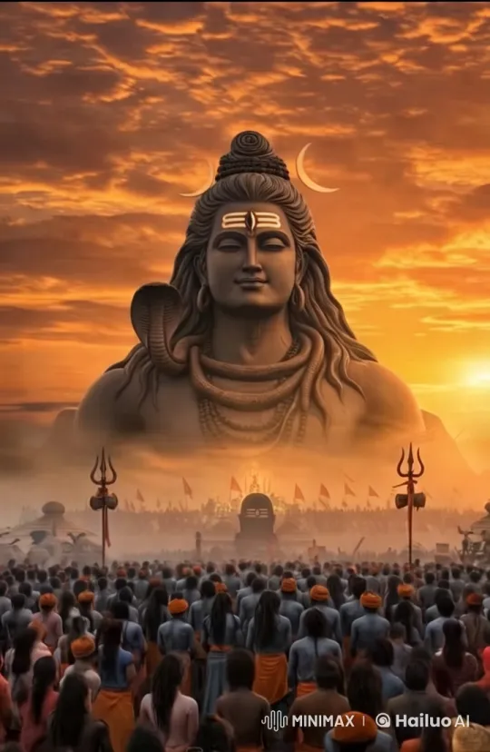Lord Shiva Statue: Worship Amidst Fiery Sunset – AI Generated Video | Hailuo AI