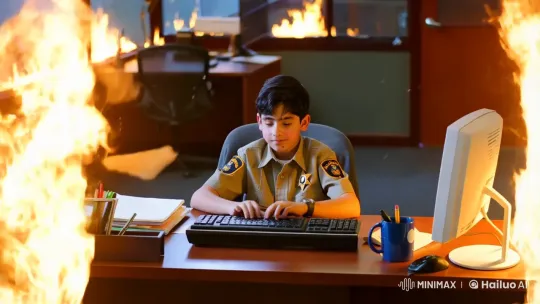 Boy Types Calmly Amid Office Fire Chaos – AI Generated Video | Hailuo AI