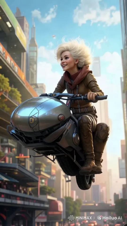 Woman Navigates Futuristic City on Airbike – AI Generated Video | Hailuo AI