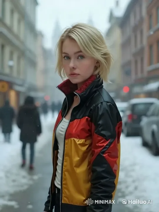 Vibrant Jacket in Snowy Cityscape – AI Generated Video | Hailuo AI